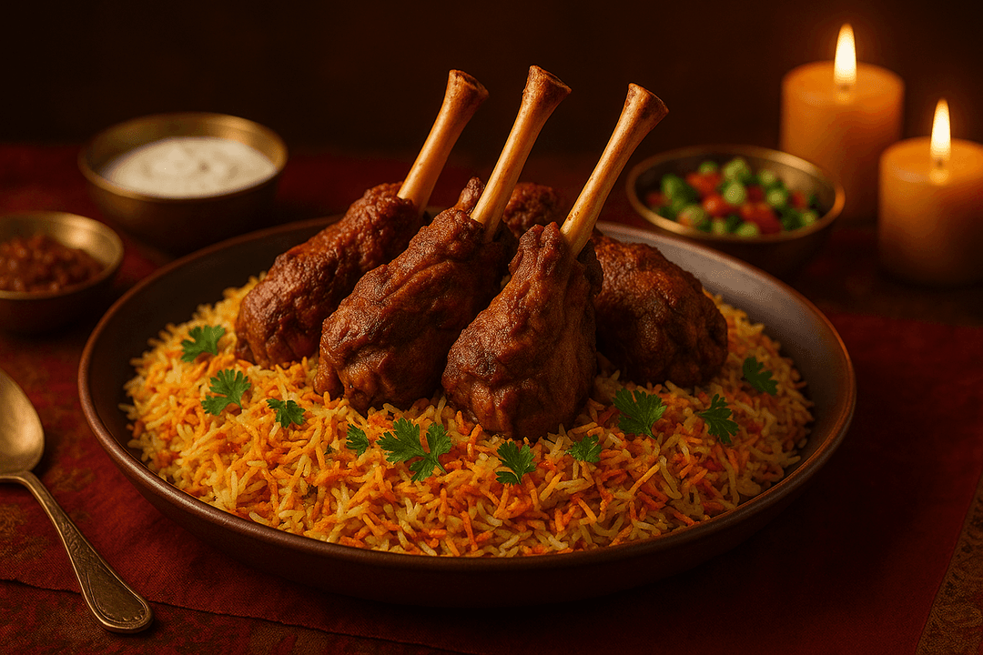 Traditional Mandi dish with spiced lamb and saffron rice
